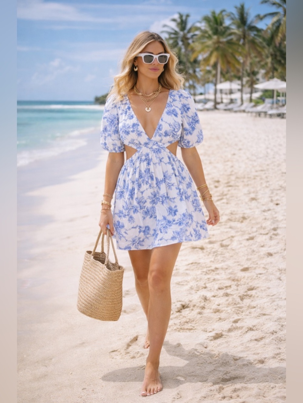 NWT Bardot Eden Mini Dress Blue Floral Cutout Open Back Puff Sleeve XL 10